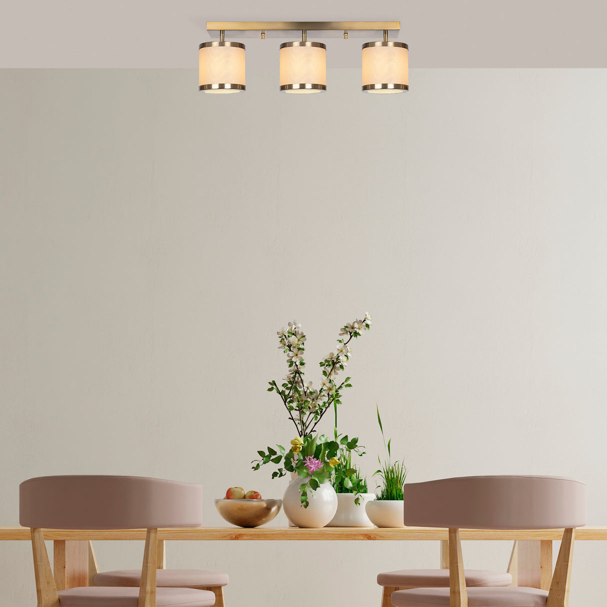 Lámpara colgante de 3 luces en color bronce con tela Frost