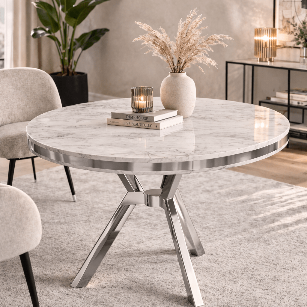 Mesa de comedor redonda blanca aspecto mármol con cromo - 90 cm de diámetro - Mos