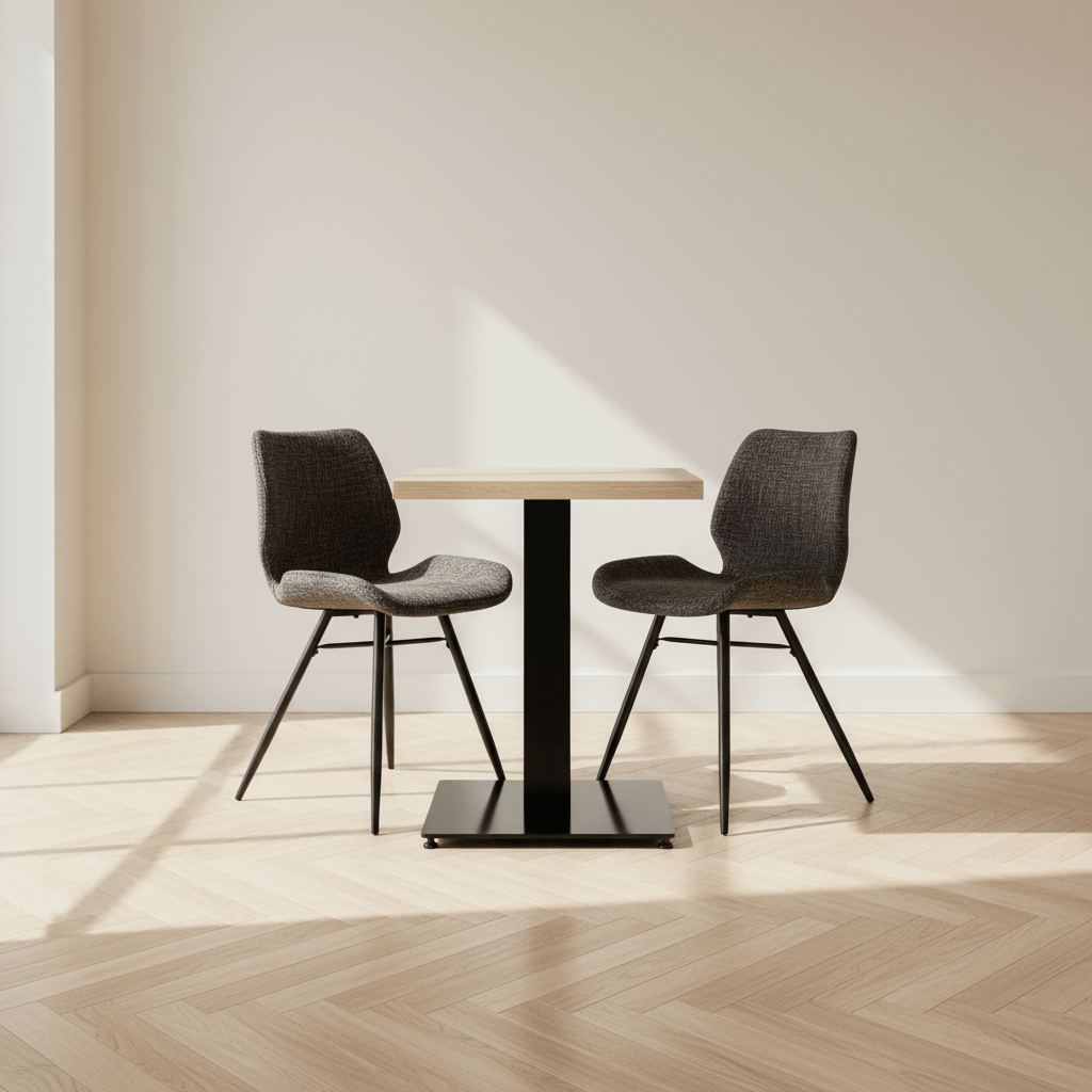 Mesa de bistró Robin cuadrada de melamina roble robson foto atmosférica en un interior moderno