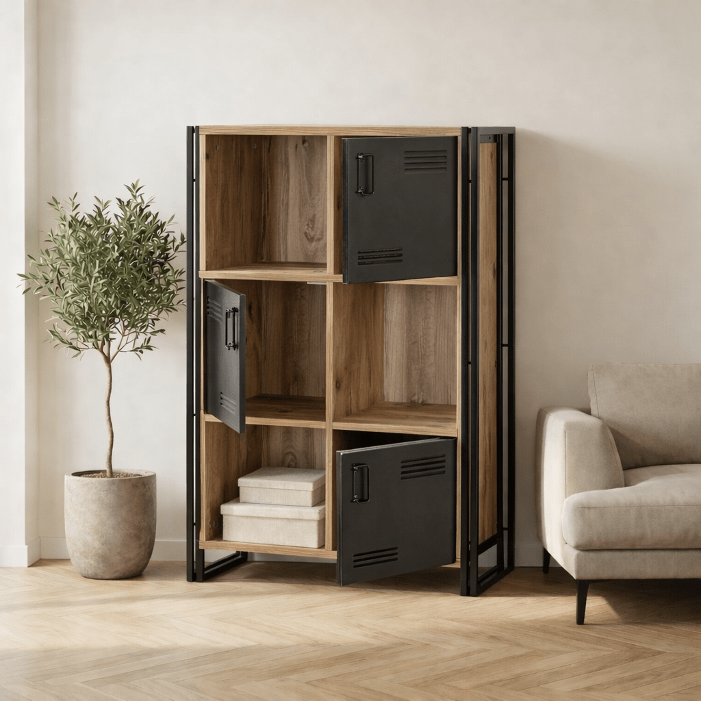 Boekenkasten - Industriële kast dennenhout melamine zwart metaal Cosmo 89x127x35 cm - Dimehouse
