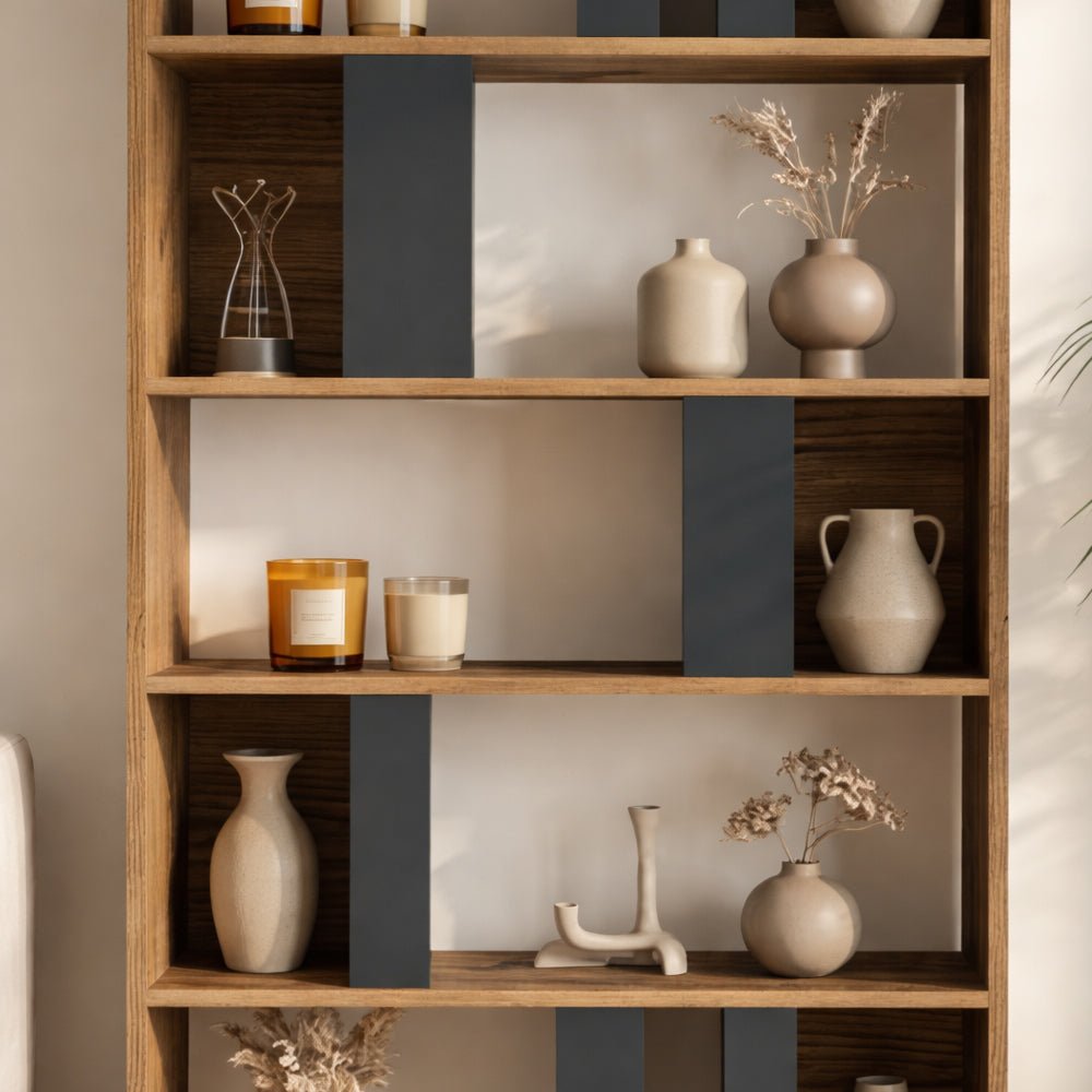 Boekenkasten - Asymmetrische boekenkast antraciet walnoot melamine Lima 90x180x20 cm - Dimehouse