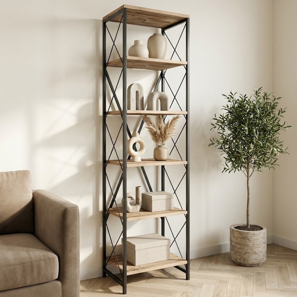 Boekenkasten - Boekenkast Suadiye Atlantisch Dennenhout Zwart Melamine 50x180x30 cm - Dimehouse