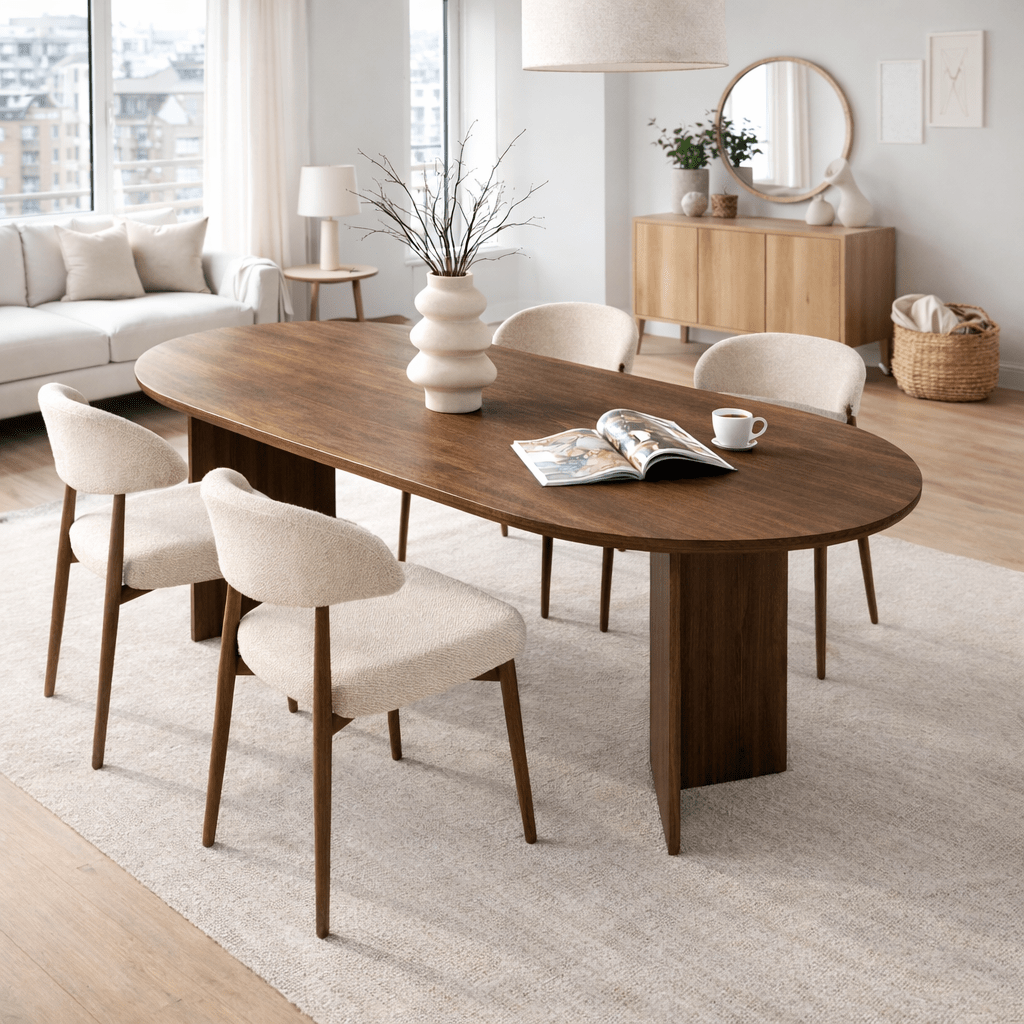 Mesa de comedor ovalada de melamina nogal - Japandi - 180x89,5x75 cm - Sota