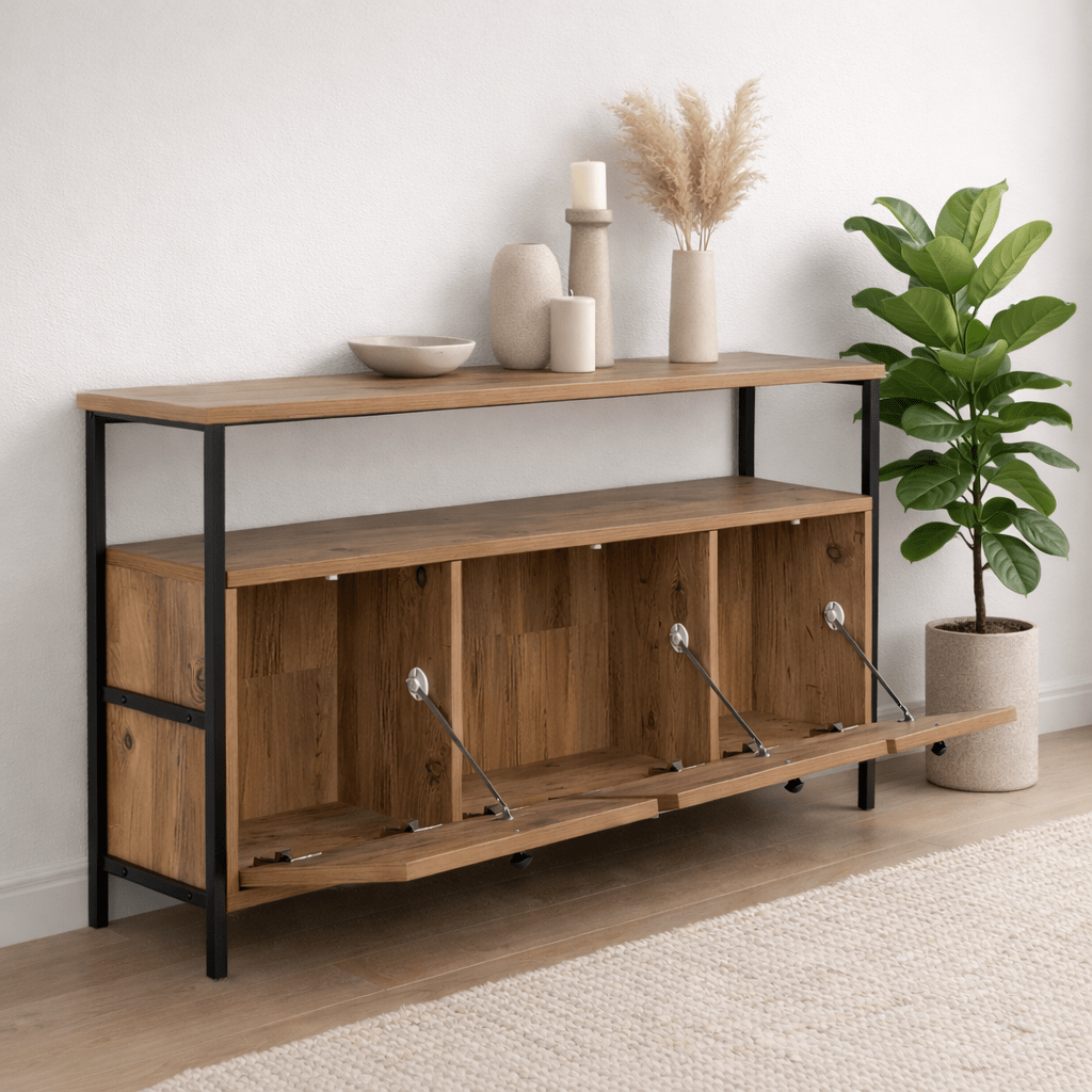Dressoirs - Dressoir Atlantisch Dennenhout Saloce - Zwart Frame - Drie Vakken - 120x77 cm - Dimehouse