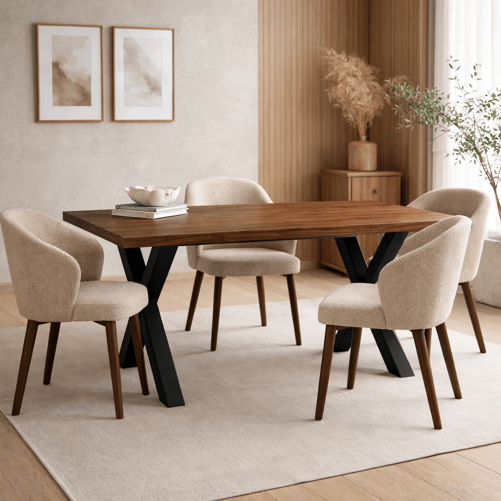 Eettafels - Eettafel Massief Eikenhout met Walnoot finish - 240x80 - Zwarte X - poot - Kumo - Dimehouse