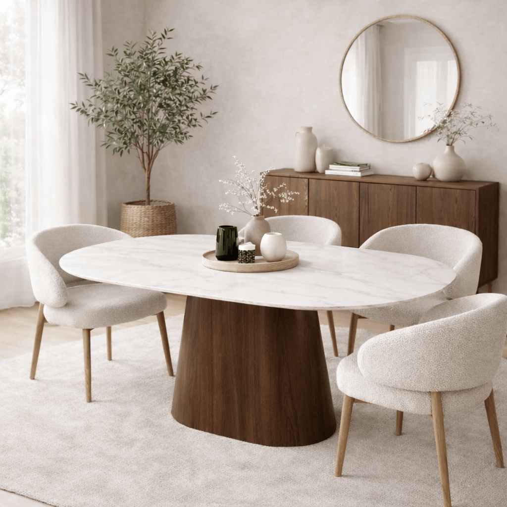 Mesa de comedor Piedra sinterizada imitación mármol blanco - Estructura de nogal - Ovalada danesa - 180x90 cm - Lea