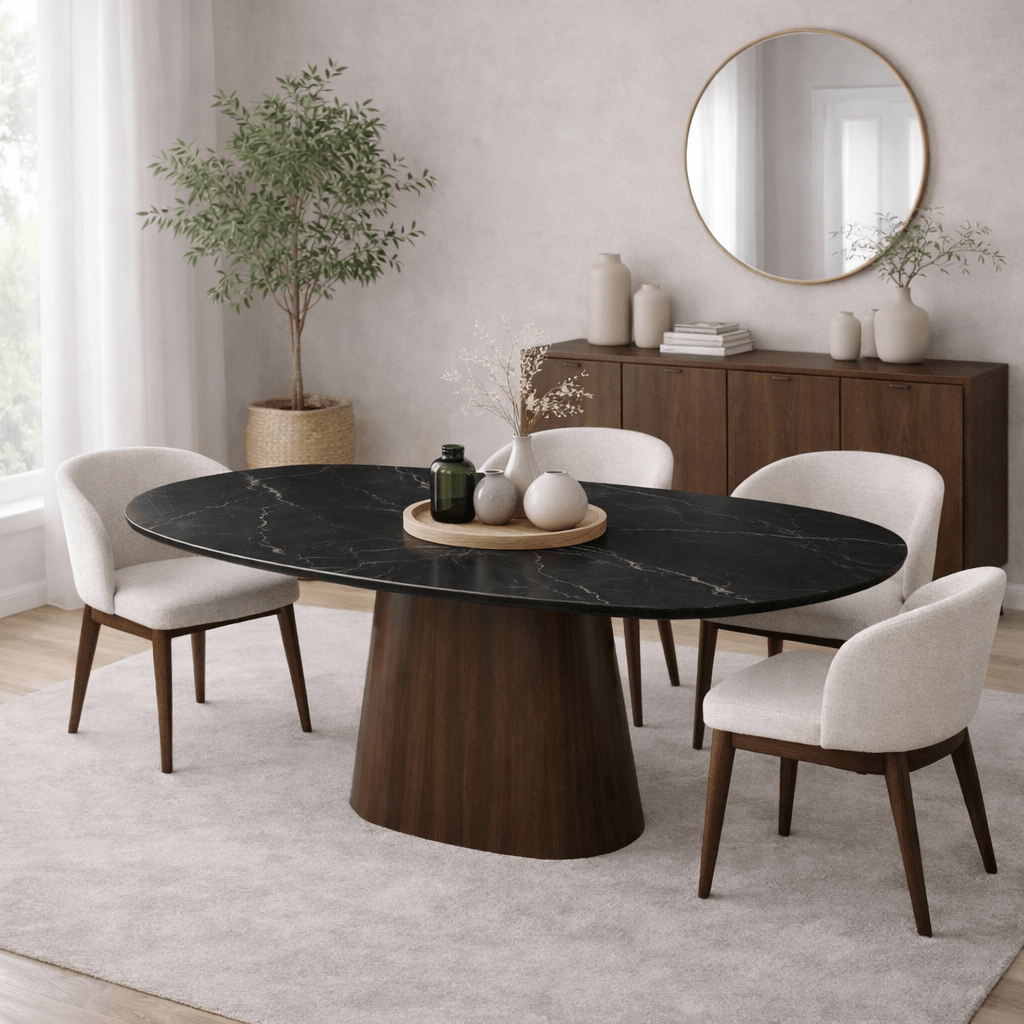 Mesa de comedor de piedra sinterizada aspecto mármol travertino Lea 180x90 cm - Marco de nogal - Ovalada danesa