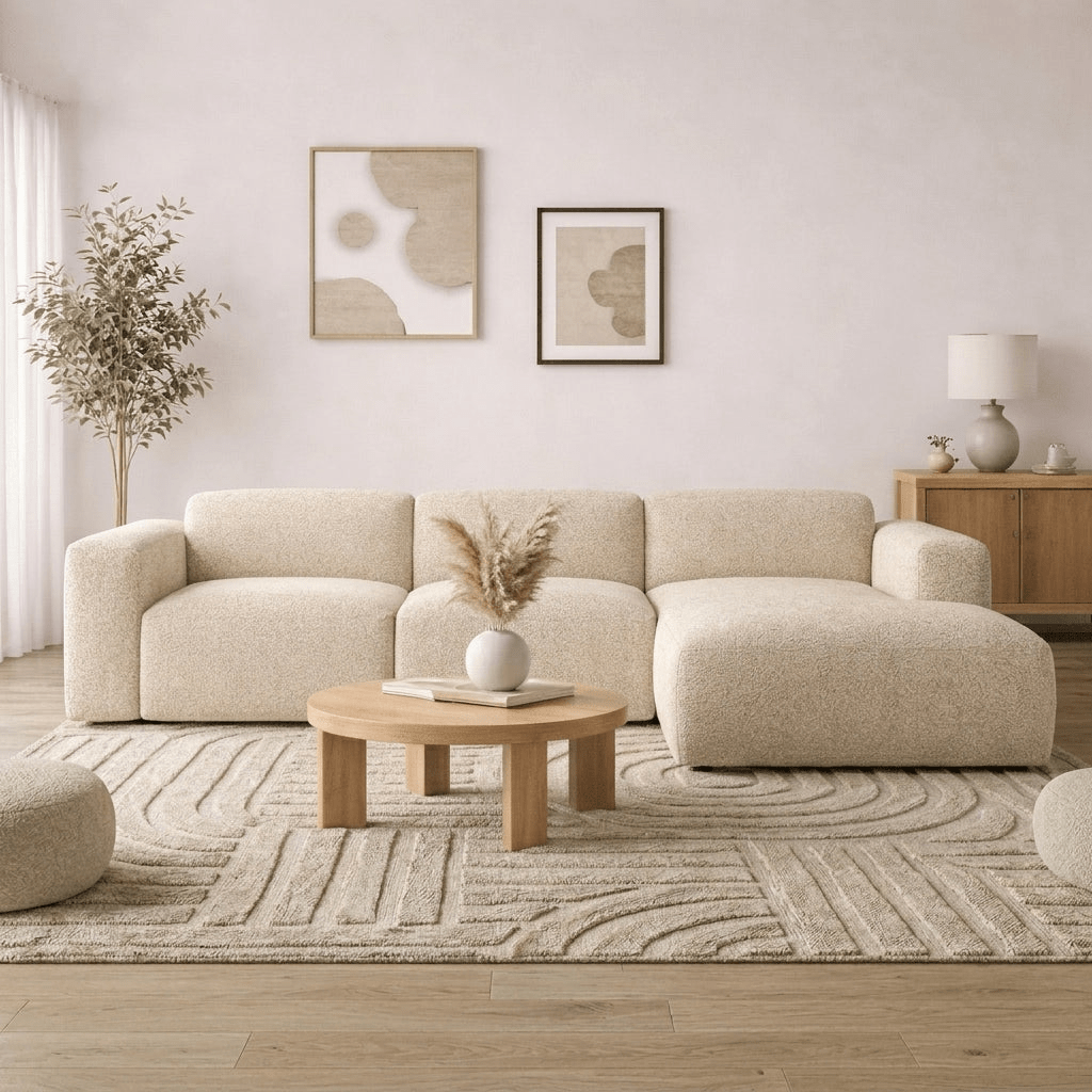 Banken-Hoekbank zand bouclé stof - 272x170 cm - Shane - rechts-Dimehouse
