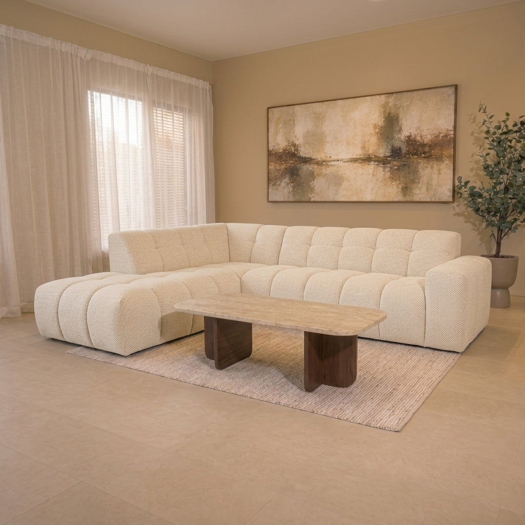 Sofá de esquina con chaise longue en tela bouclé beige Nova – izquierda