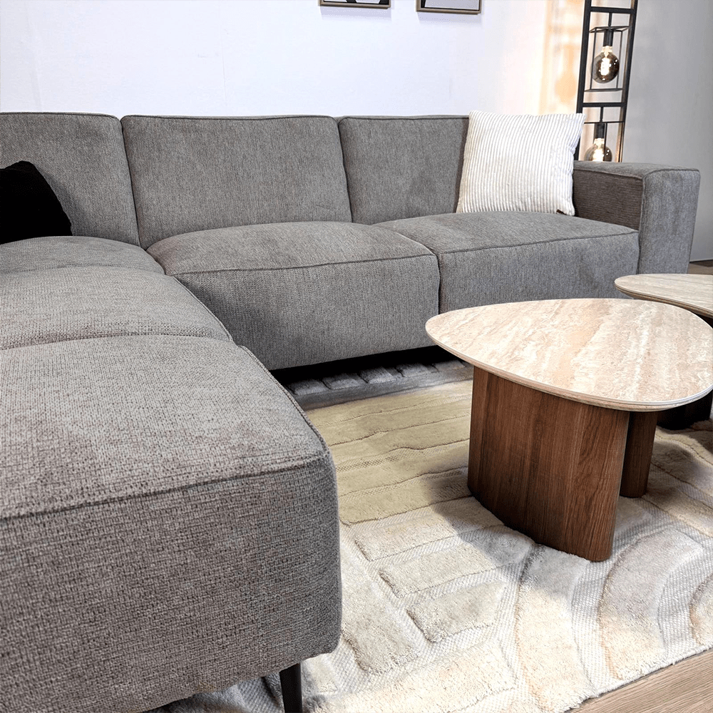 Sofá esquina de chenilla taupe tapizada Ravi – derecha