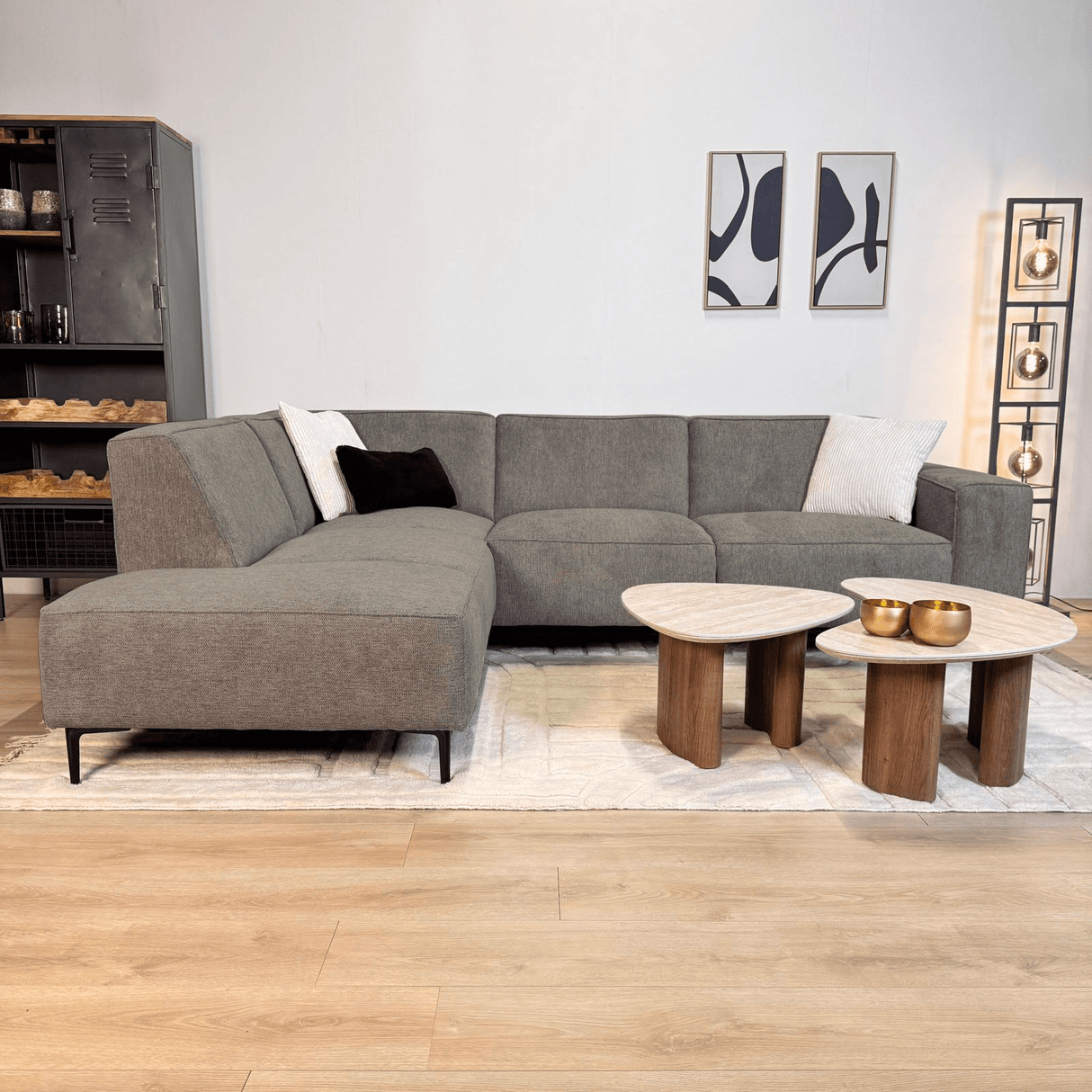 Banken - Hoekbank taupe chenille gemêleerd Ravi – links - Dimehouse