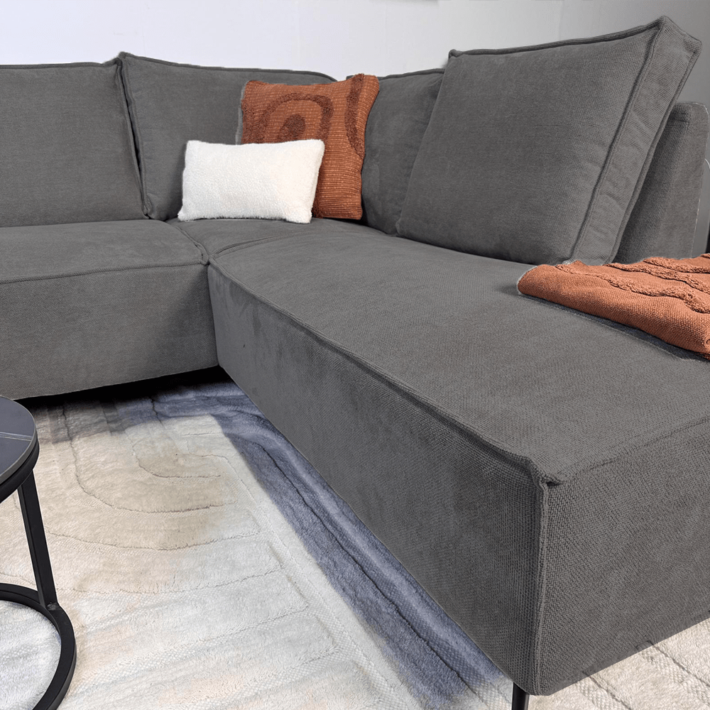 Banken - Hoekbank met chaise longue antraciet chenille Yara - rechts - Dimehouse