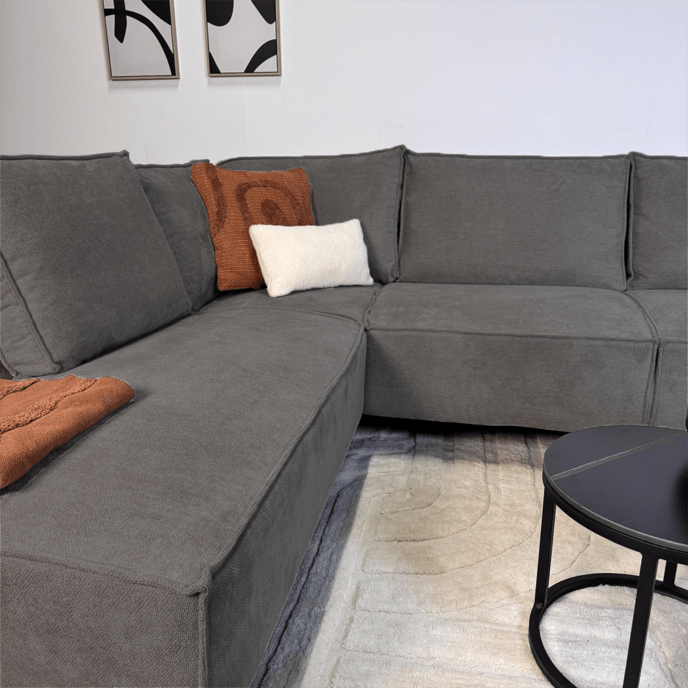 Banken - Hoekbank met chaise longue antraciet chenille Yara - links - Dimehouse