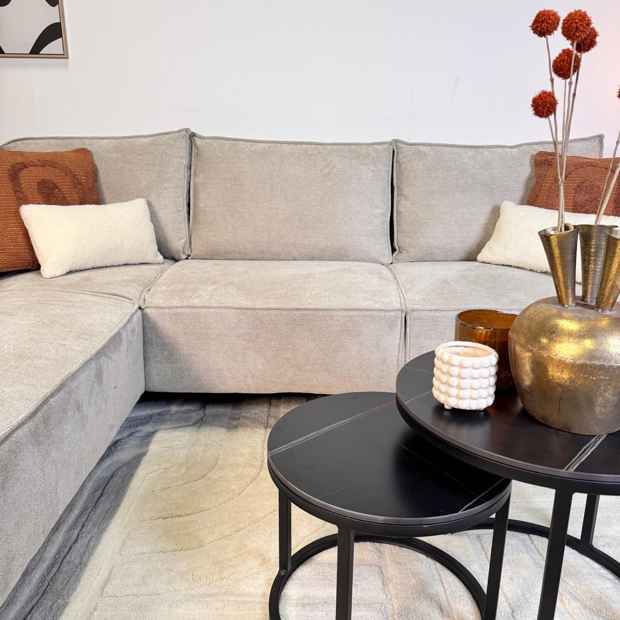Banken - Hoekbank met chaise longue beige chenille Yara - links - Dimehouse