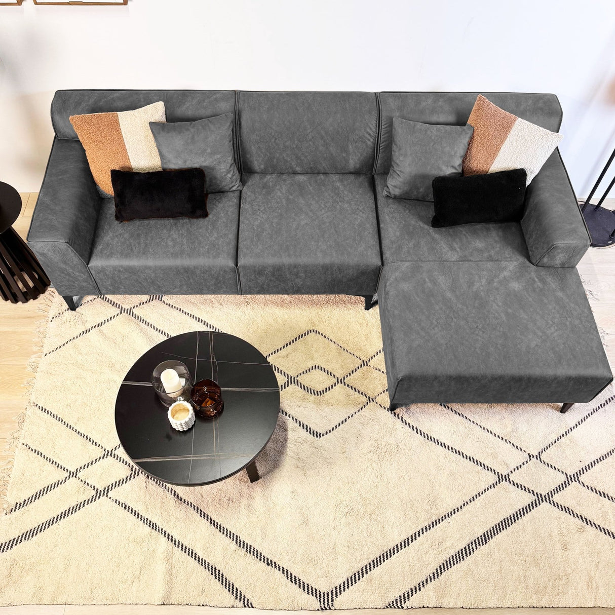 Sofá en esquina con lounge compacto de microfibra antracita Davidson - derecha