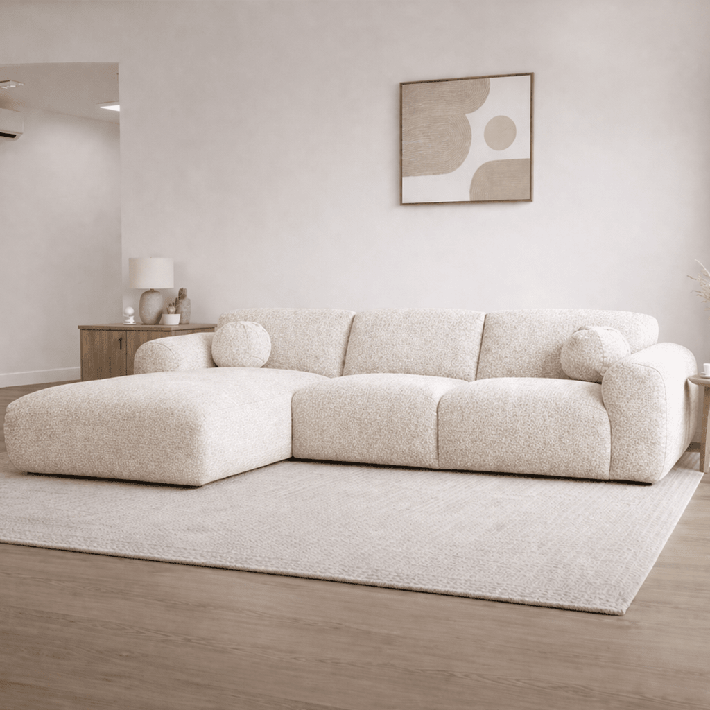 Sofá esquinero tela bouclé beige - 292x169 cm - Shane - izquierda
