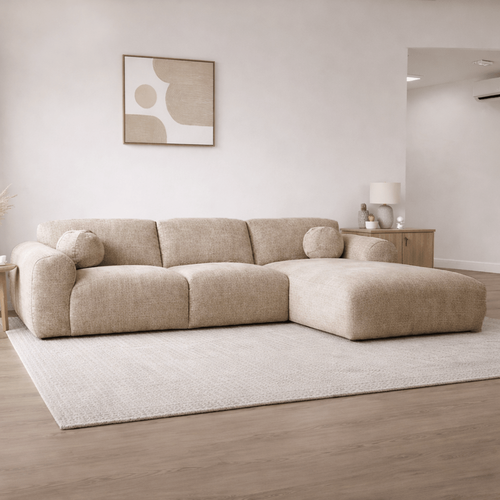 Banken - Hoekbank zand chenille stof - 292x169 cm - Shane - rechts - Dimehouse