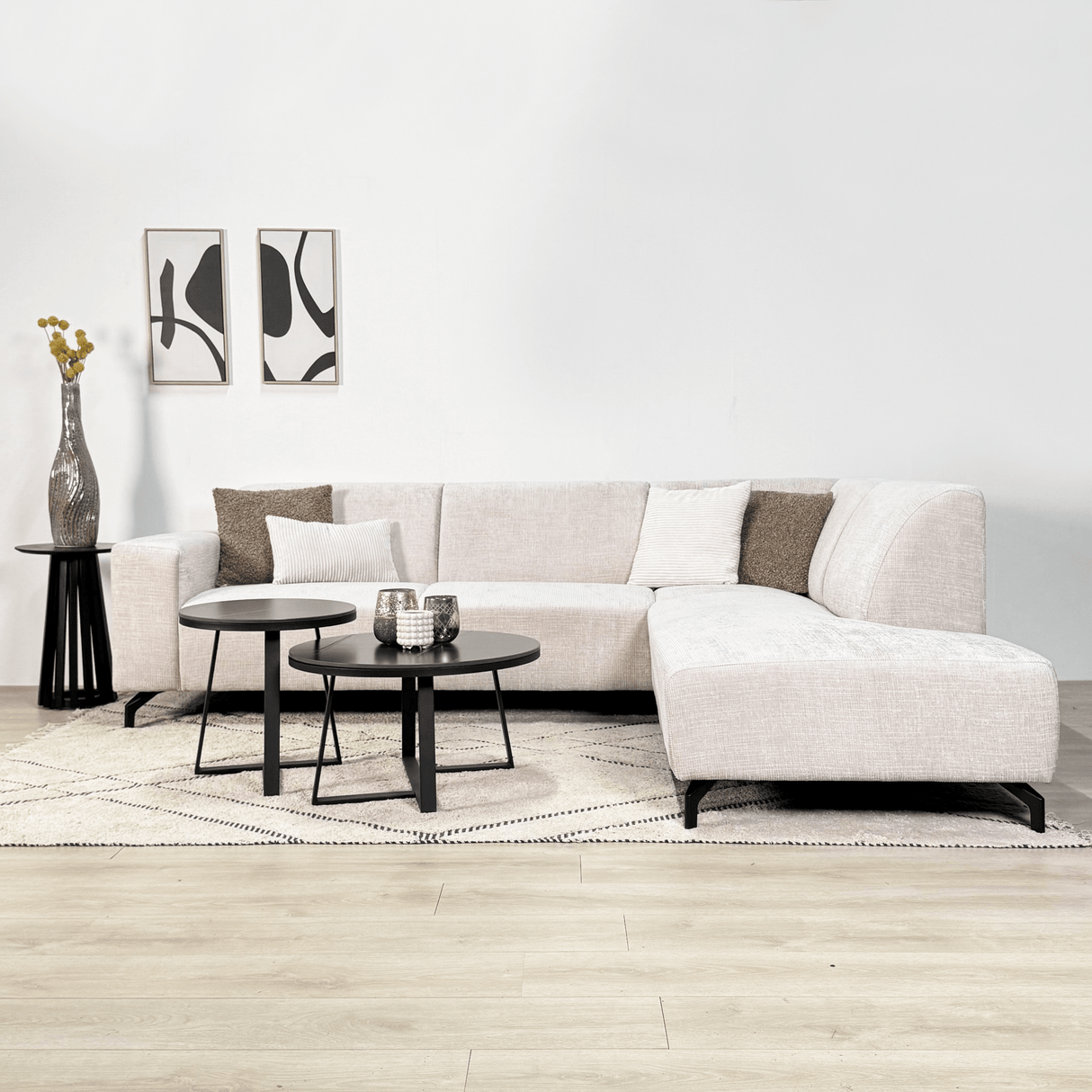 Banken - Hoekbank met chaise longue beige chenille stof Manon - rechts - Dimehouse