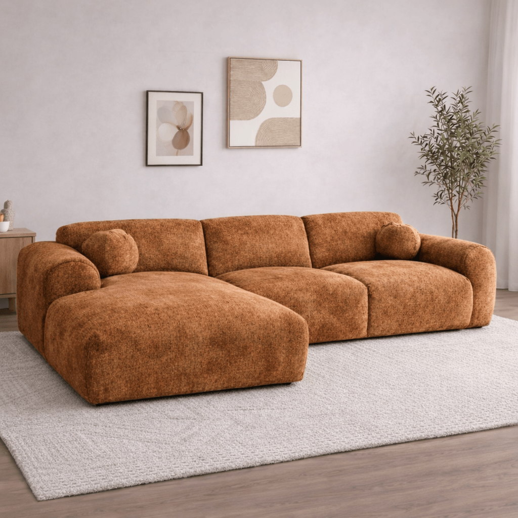 Banken - Hoekbank koper chenille stof - 292x169 cm - Shane - links - Dimehouse