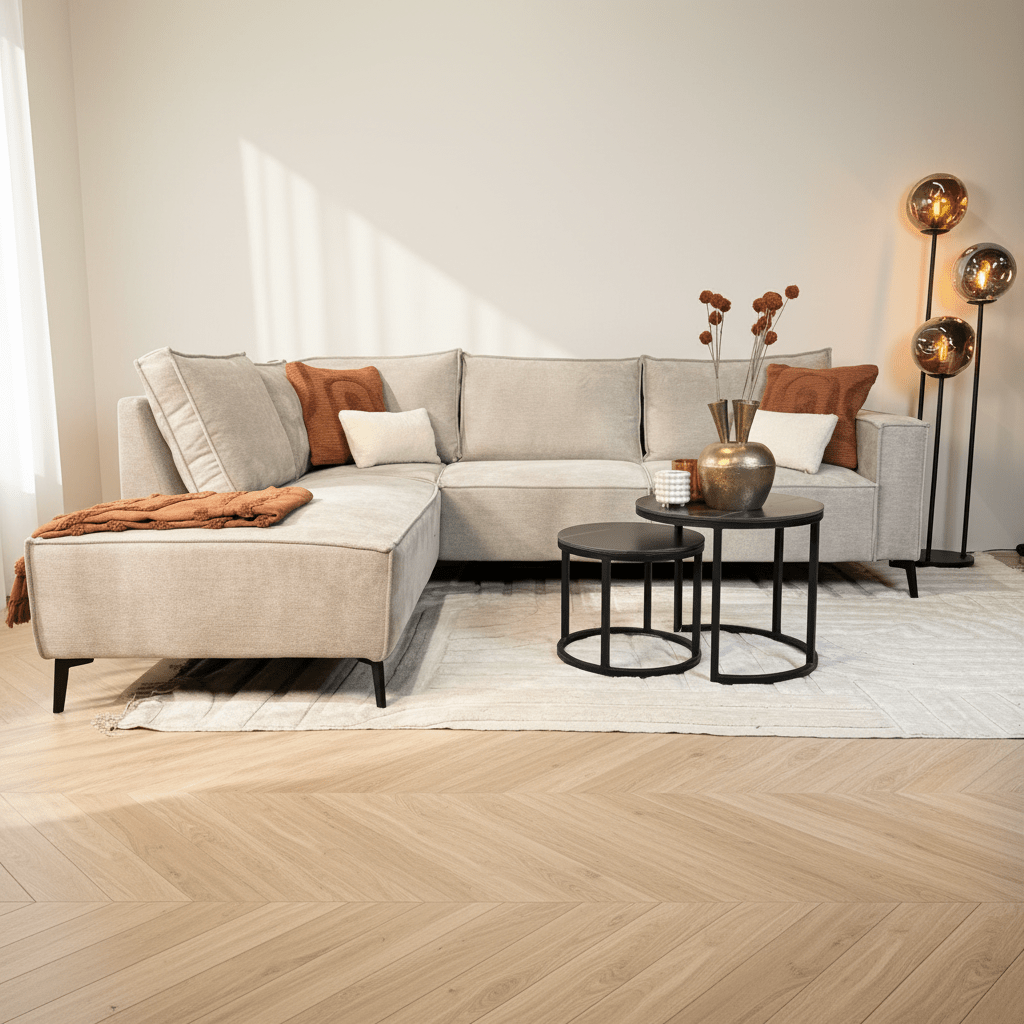 Banken - Hoekbank met chaise longue beige chenille Yara - links - Dimehouse