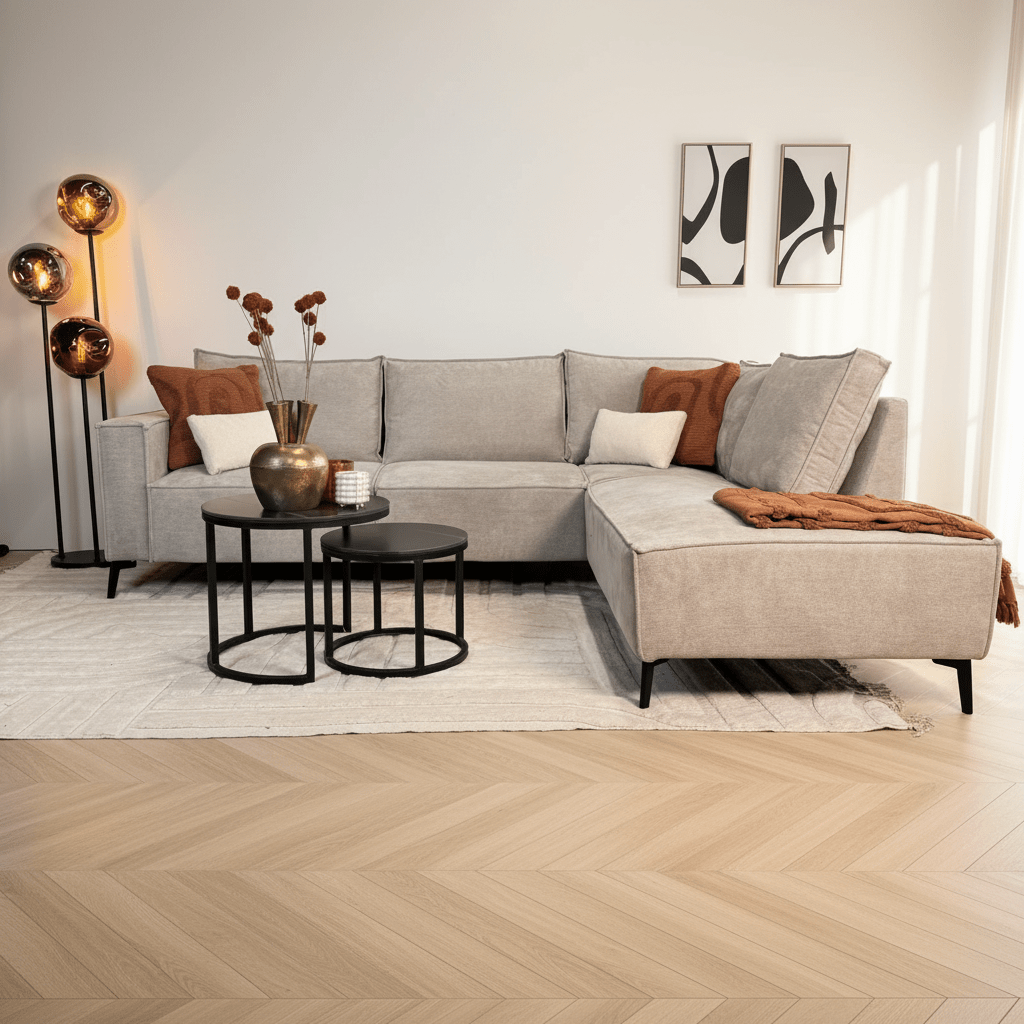 Sofá esquinero con chaise longue de chenilla beige Yara - derecha