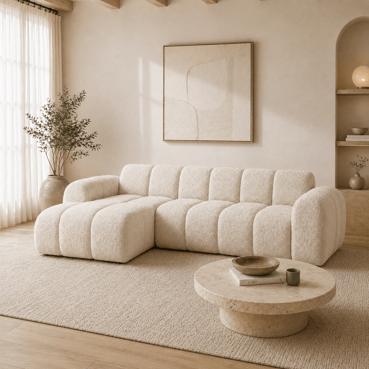 Banken-Hoekbank met lounge beige bouclé stof - strepen - links - Brix-Dimehouse