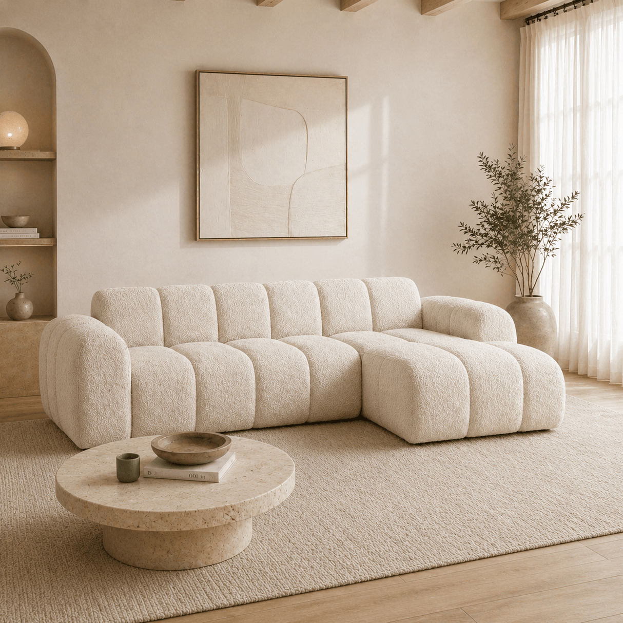 Banken-Hoekbank met lounge beige bouclé stof - strepen - rechts - Brix-Dimehouse