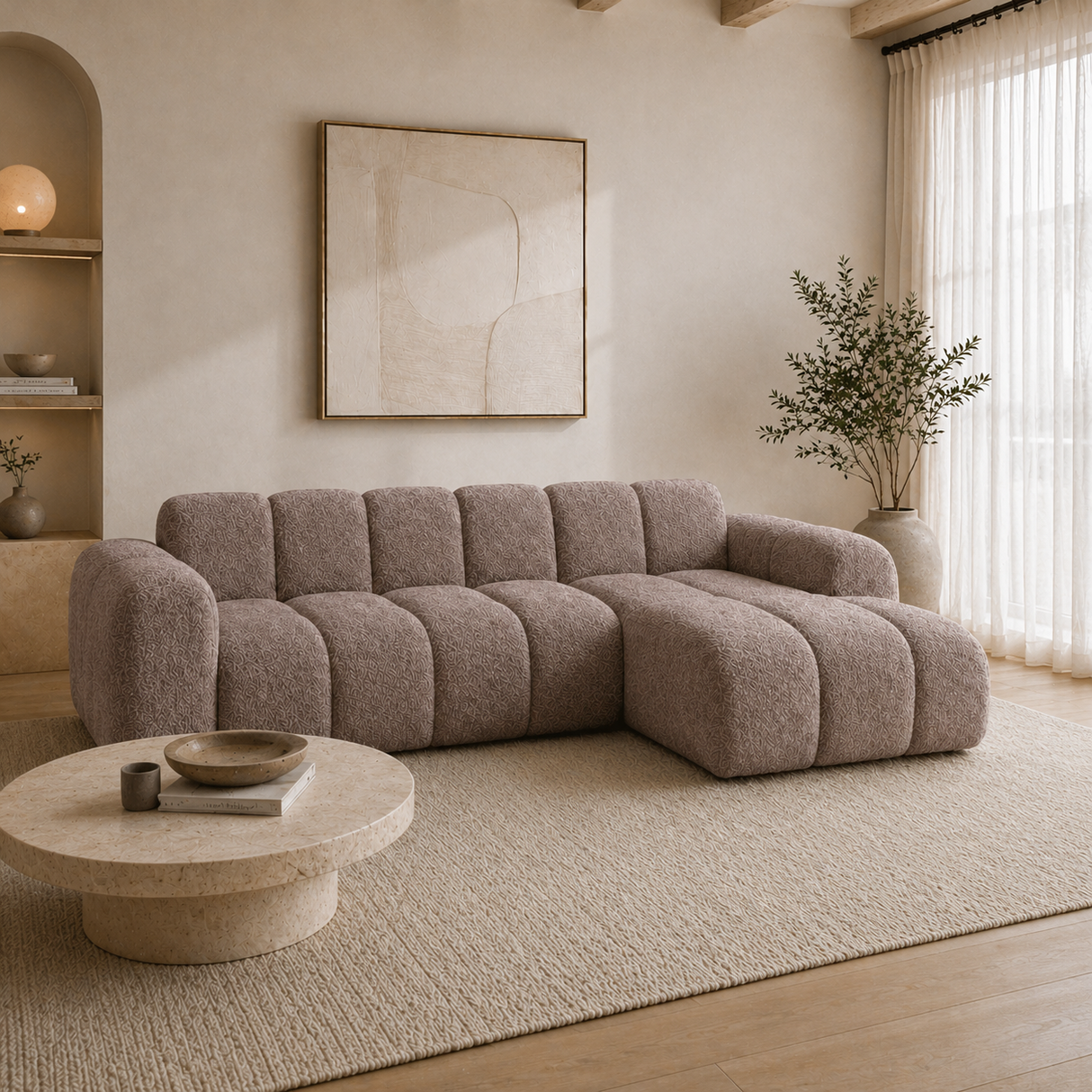 Sofá esquinero con salón en suave tela bouclé marrón - rayas - derecha - Brix
