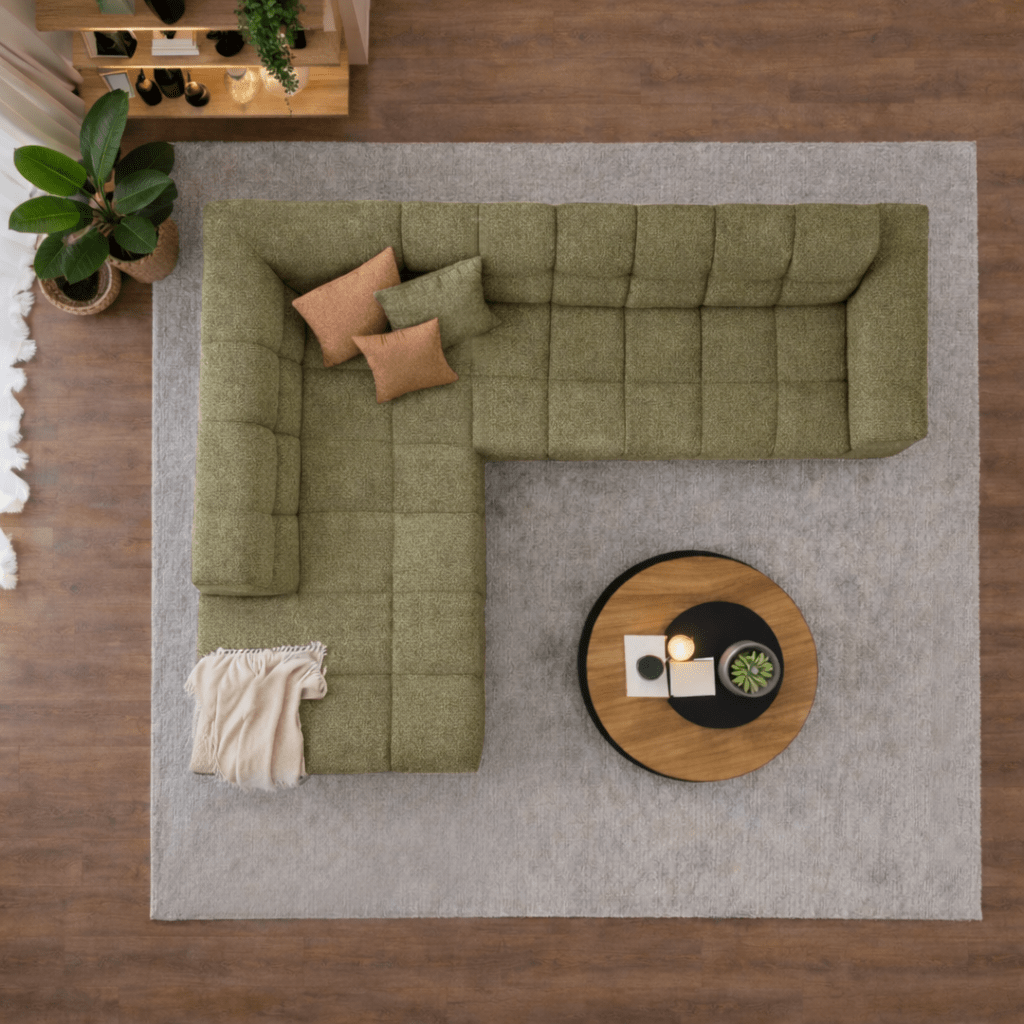 Sofá de esquina con chaise longue en tela bouclé verde oliva Nova – izquierda