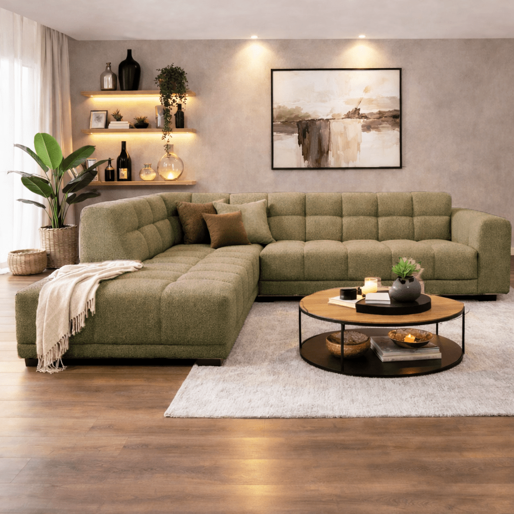 Sofá de esquina con chaise longue en tela bouclé verde oliva Nova – izquierda