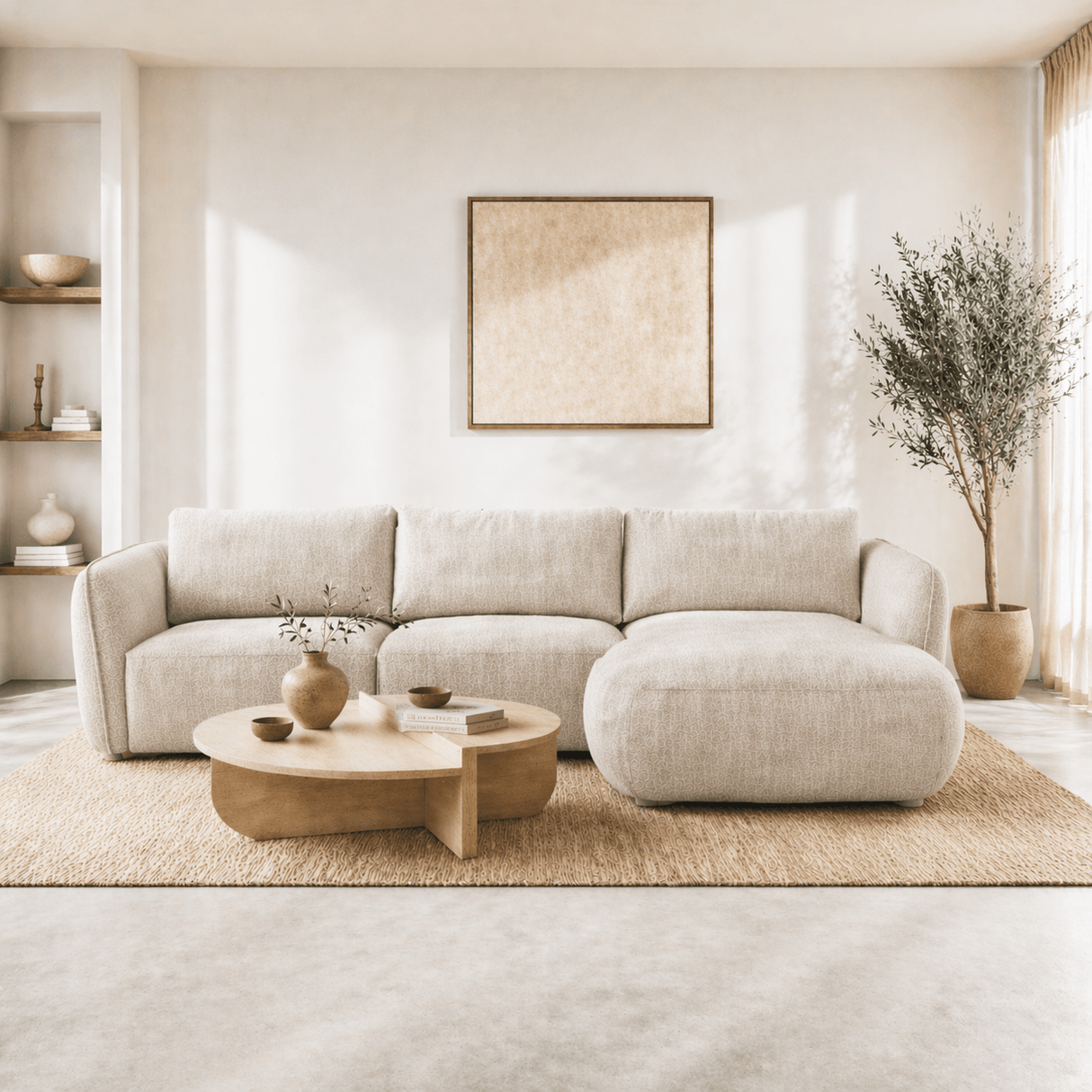 Banken - Hoekbank ronde longue beige velvet structuurstof Dwayne - rechts - Dimehouse