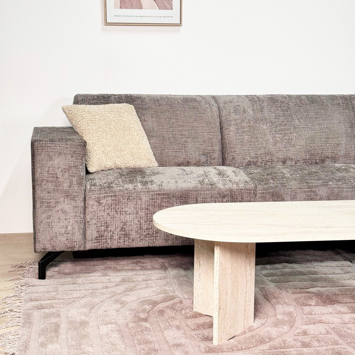 Sofá en esquina con chaise longue de tela chenille color topo Manon - derecha
