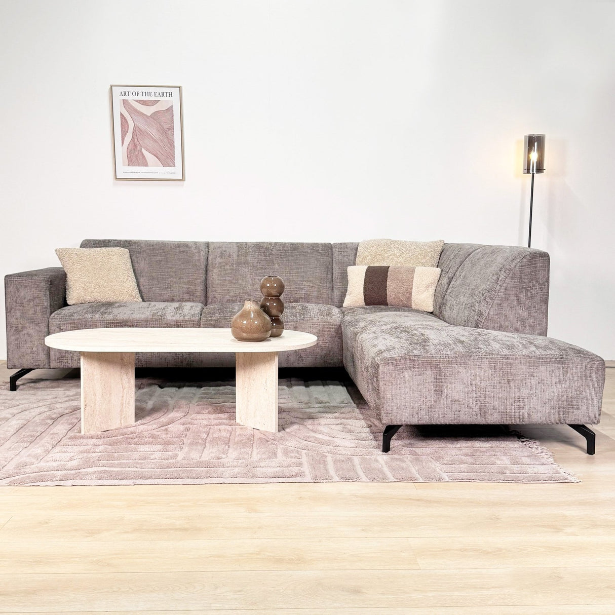 Sofá en esquina con chaise longue de tela chenille color topo Manon - derecha