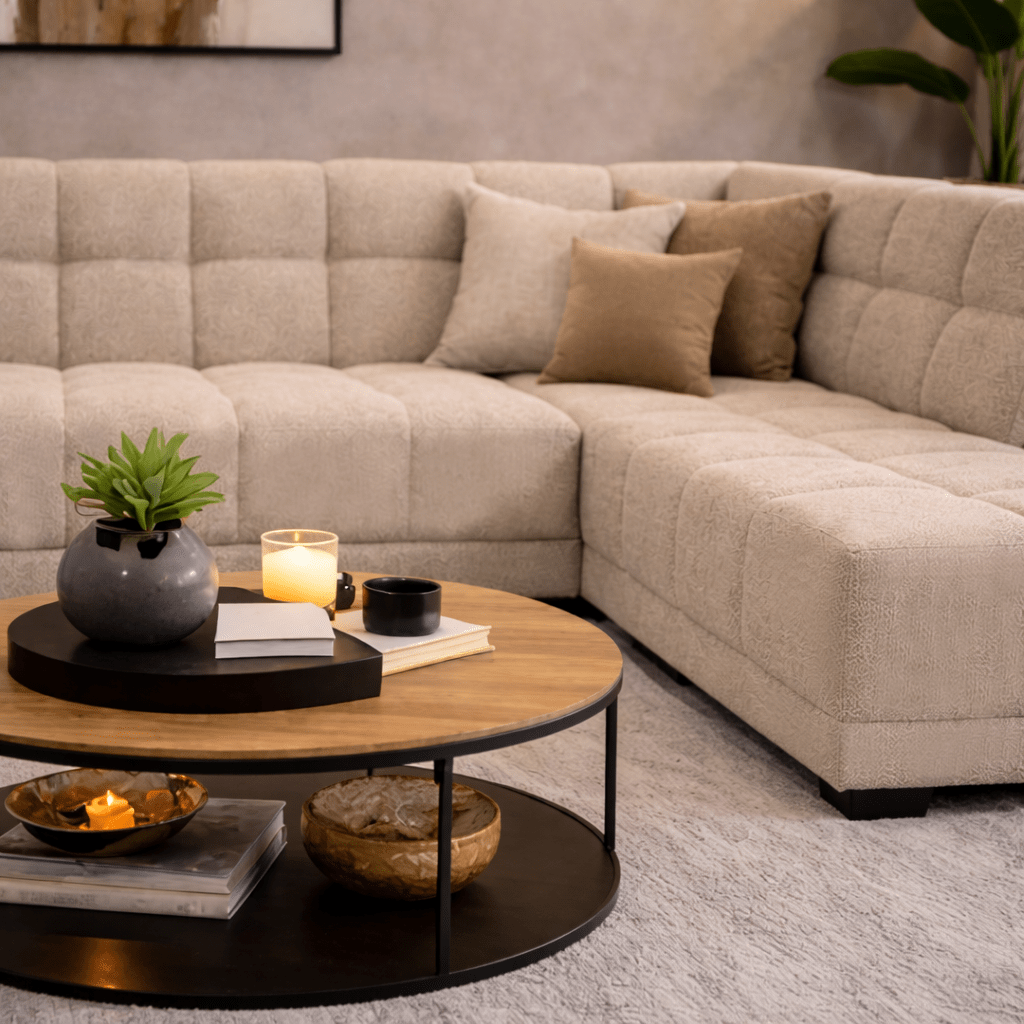 Sofá de esquina con chaise longue en tela bouclé beige Nova – derecha