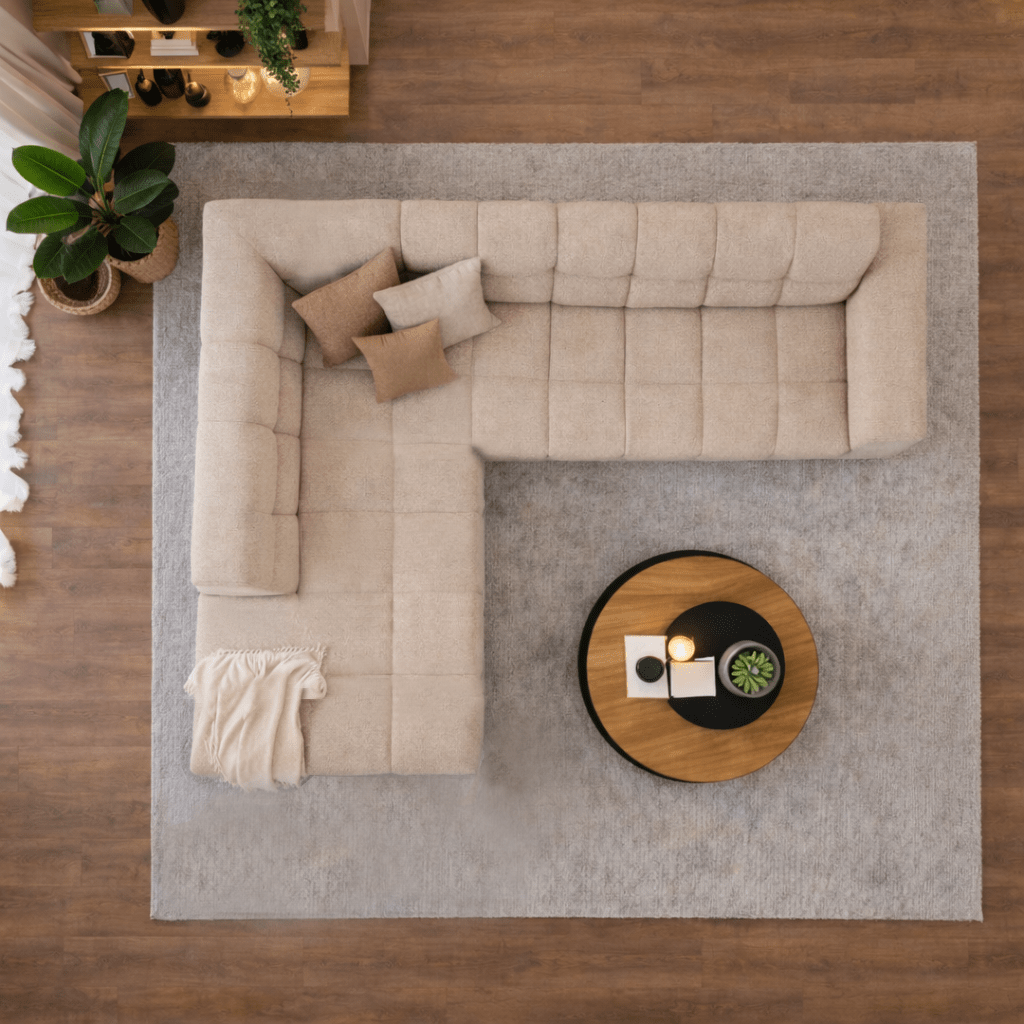 Sofá de esquina con chaise longue en tela bouclé beige Nova – izquierda