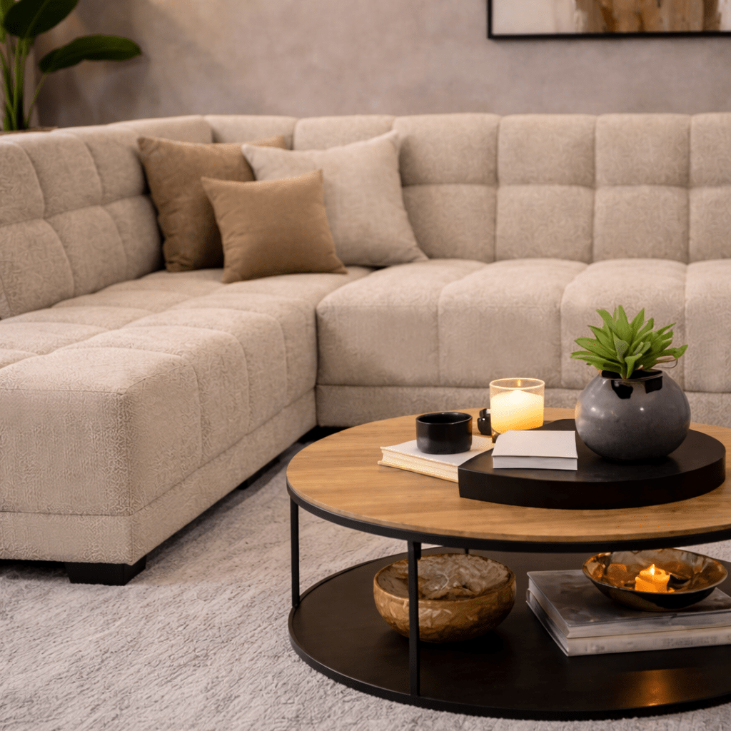 Sofá de esquina con chaise longue en tela bouclé beige Nova – izquierda