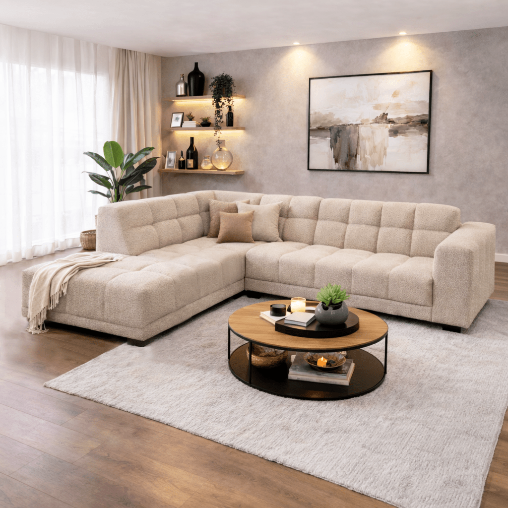 Sofá de esquina con chaise longue en tela bouclé beige Nova – izquierda