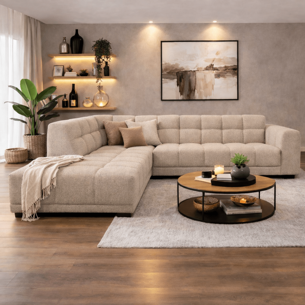 Sofá de esquina con chaise longue en tela bouclé beige Nova – izquierda