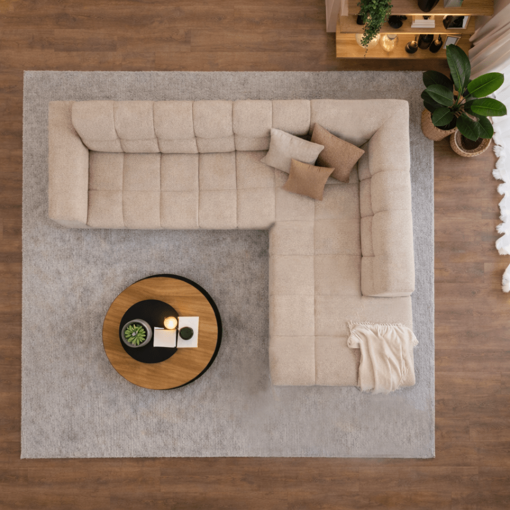 Sofá de esquina con chaise longue en tela bouclé beige Nova – derecha