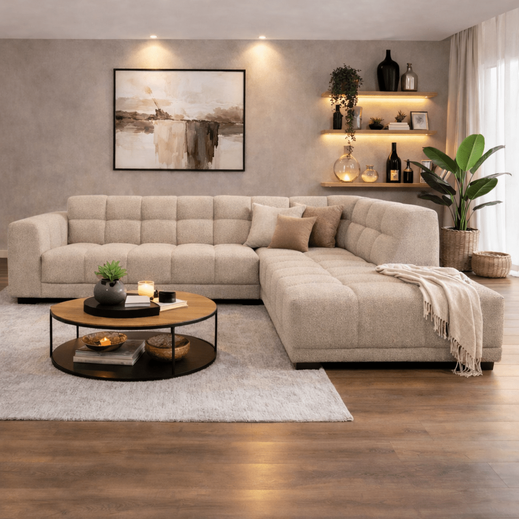 Sofá de esquina con chaise longue en tela bouclé beige Nova – derecha