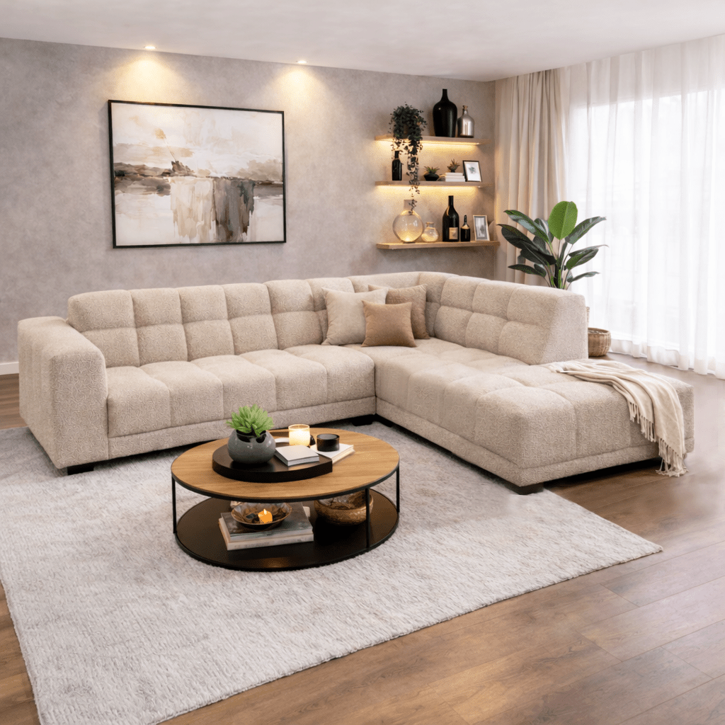 Sofá de esquina con chaise longue en tela bouclé beige Nova – derecha