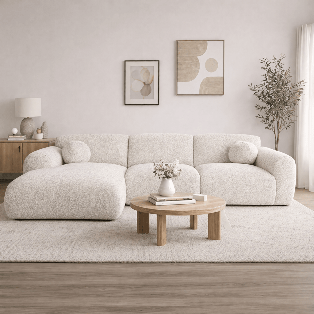 Sofá esquinero tela bouclé beige - 292x169 cm - Shane - izquierda