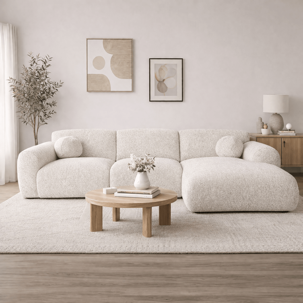 Sofá rinconera tela bouclé beige - 292x169 cm - Shane - derecha