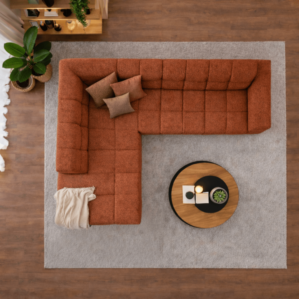 Sofá de esquina con chaise longue en tela bouclé color cobre Nova – izquierda