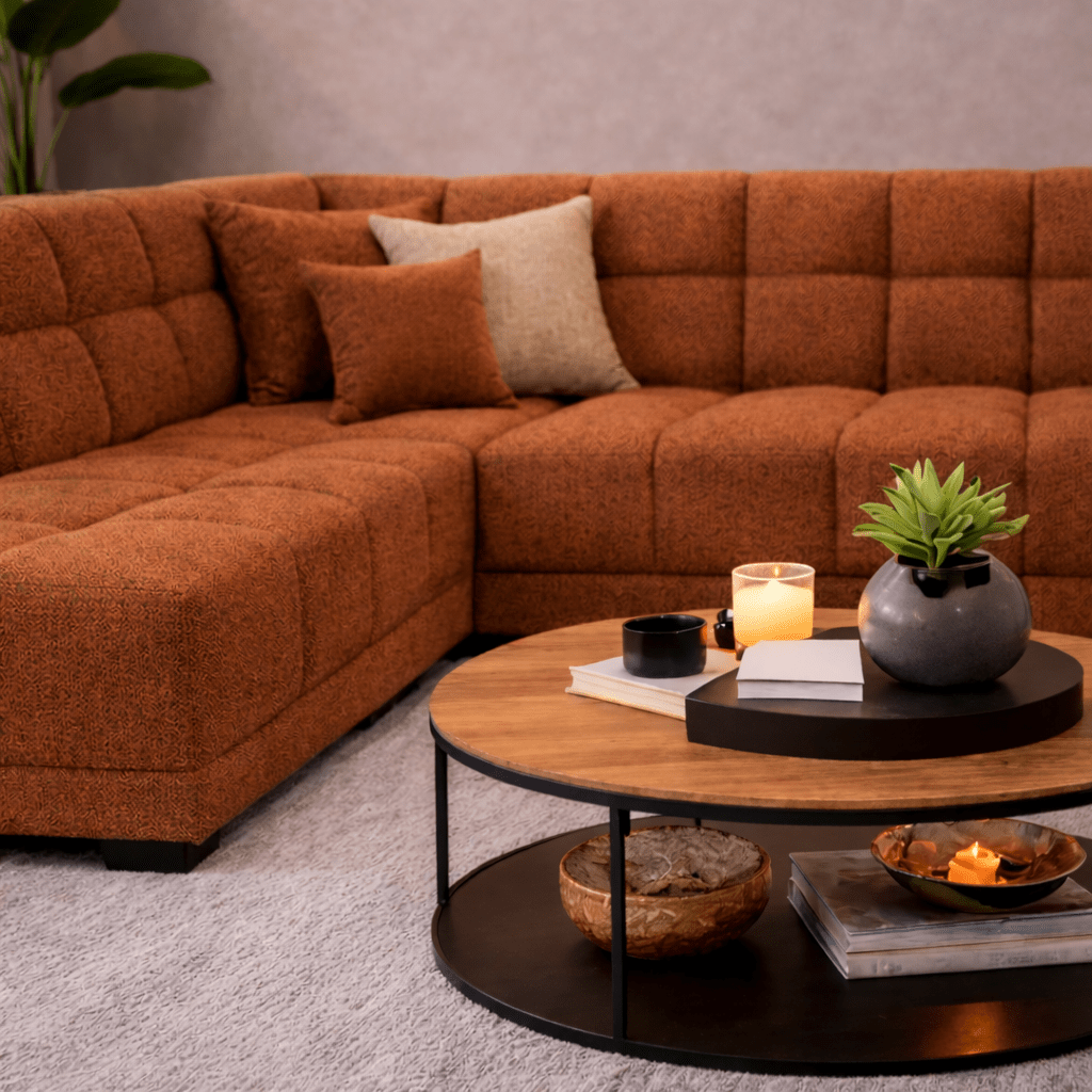 Sofá de esquina con chaise longue en tela bouclé color cobre Nova – izquierda