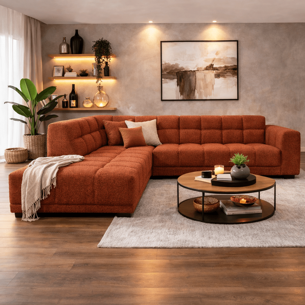 Sofá de esquina con chaise longue en tela bouclé color cobre Nova – izquierda