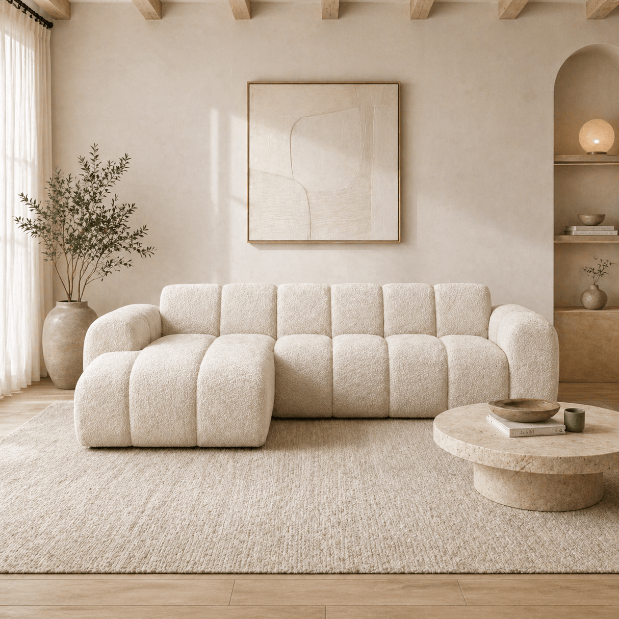 Sofá esquinero con salón de tela bouclé beige - rayas - izquierda - Brix