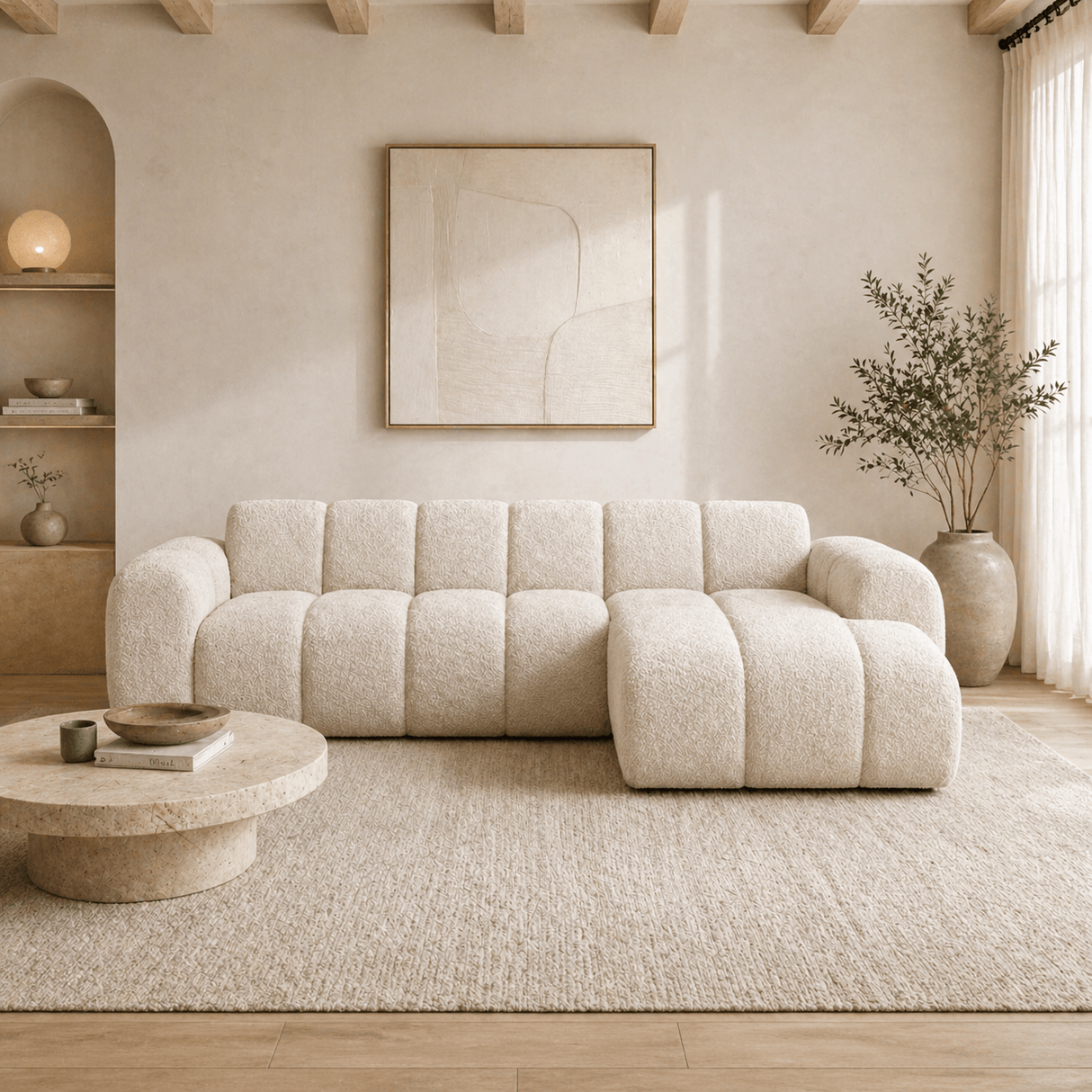 Corner sofa with lounge beige bouclé fabric - stripes - right - Brix