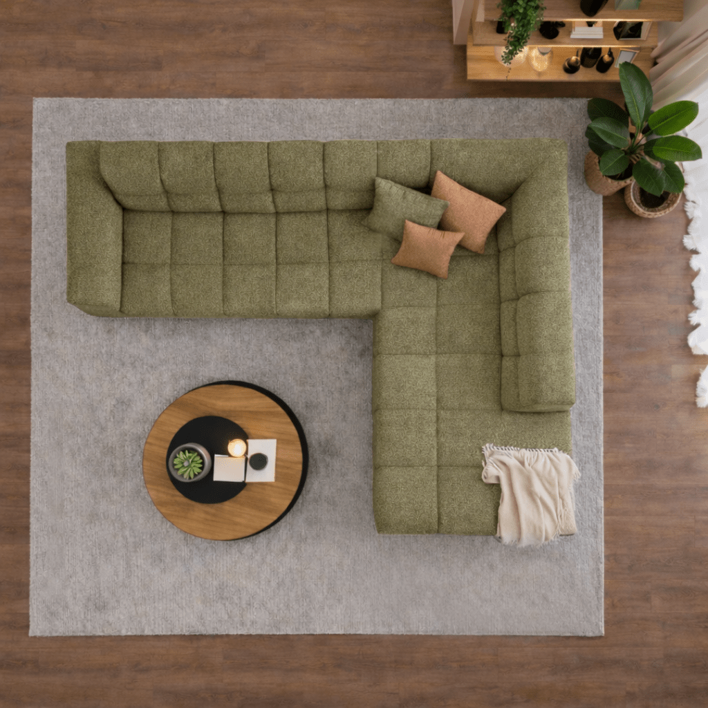 Sofá esquinero con salón en tela bouclé verde oliva Nova - derecha