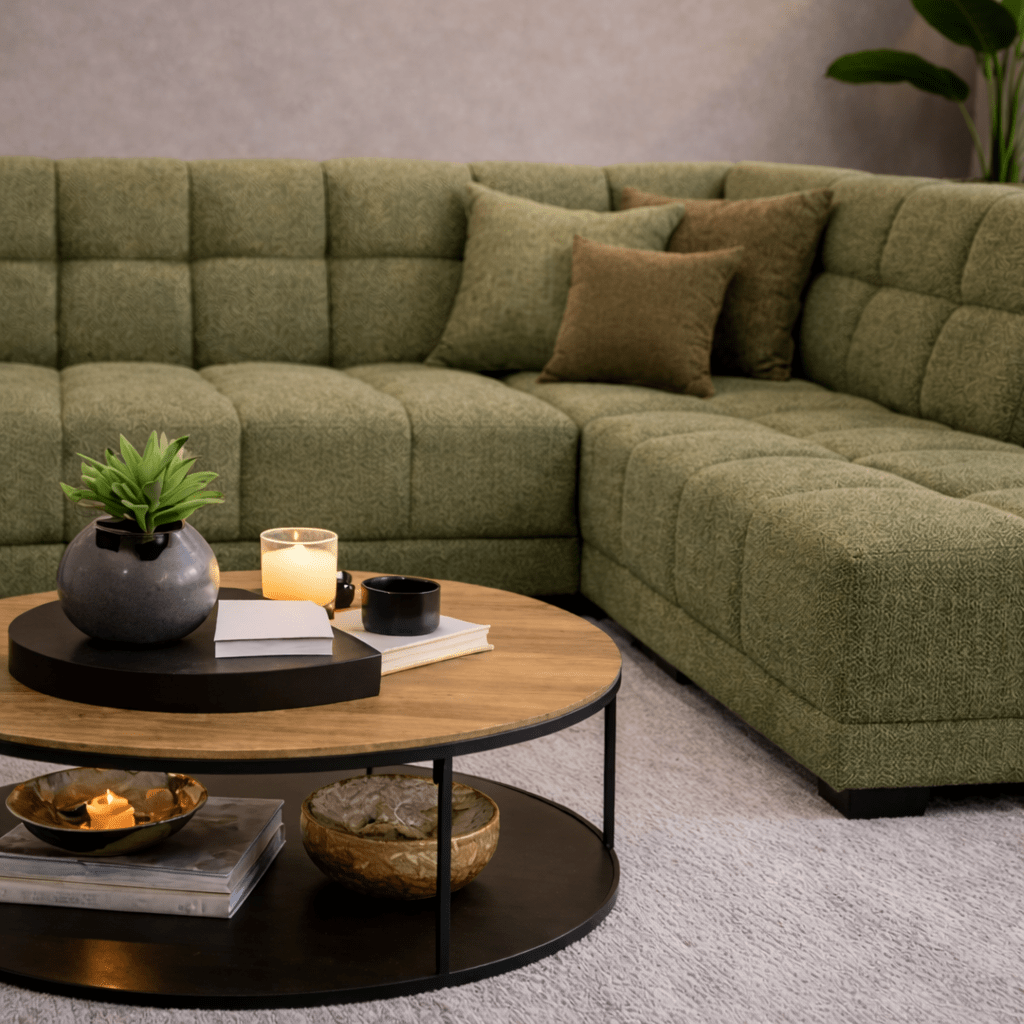 Sofá esquinero con salón en tela bouclé verde oliva Nova - derecha